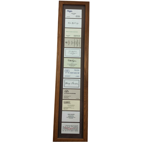 A Collection of Golf Legend Business Cards and Facsimile Signatures in a Wood Frame