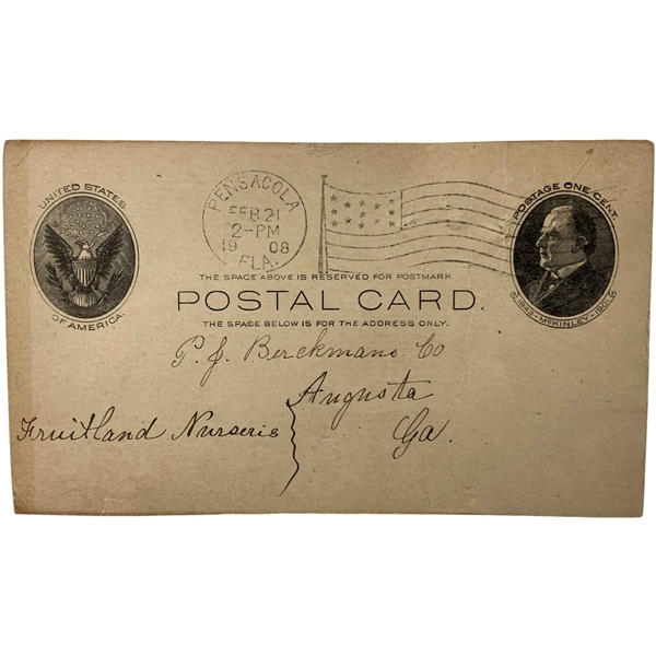 Berckmans 1908 United States Postal Card with 1c McKinley Stamp