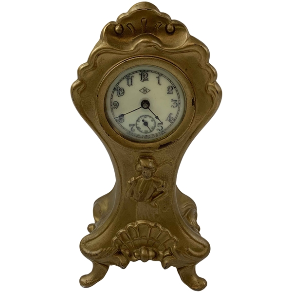 Jennings Brothers Art Nouveau Cast Metal Golfer Mantel Clock with Waterbury Movement