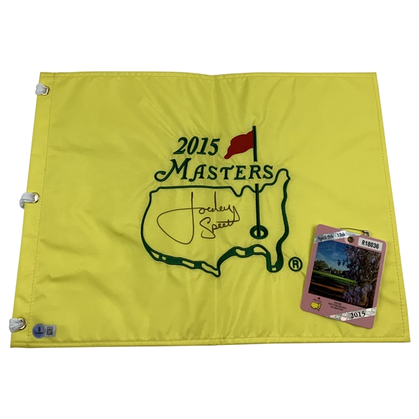 Jordan Spieth Signed 2015 Masters Tournament Embroidered Flag Beckett #BP66769 & SERIES Badge #R18036