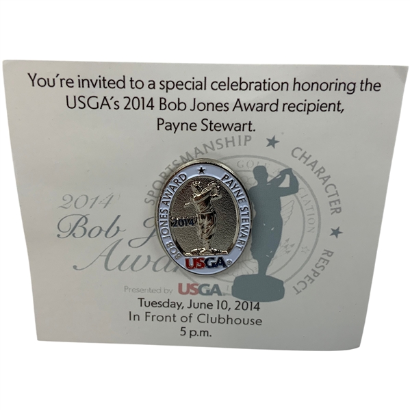 2014 USGA Bob Jones Award Commemorative Lapel Pin and Invitation Honoring Payne Stewart