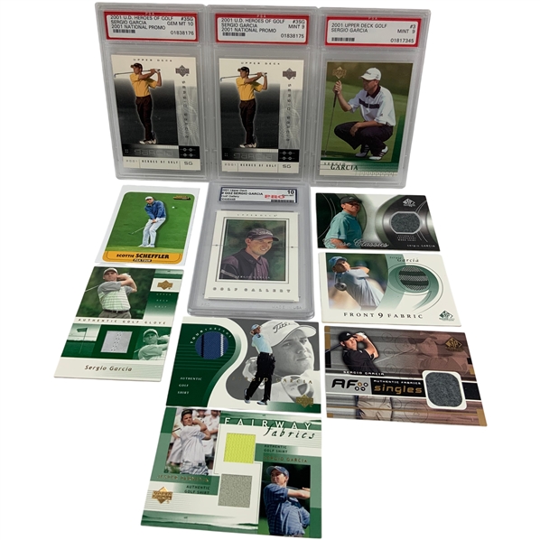 A Collection of Eleven Sergio Garcia and Scottie Scheffler Golf Trading Cards Including Graded and Memorabilia Examples