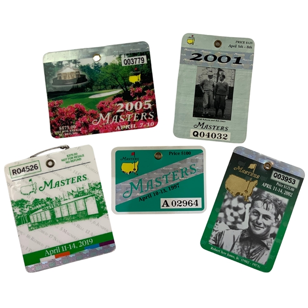 Collection of Five Masters Tournament Spectator Badges, 1997-2019, Tiger Woods Victory Years