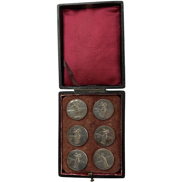 A Set of Six Antique Sterling Silver Metal Golfing Buttons in Presentation Case