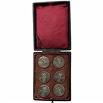 A Set of Six Antique Sterling Silver Metal Golfing Buttons in Presentation Case
