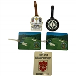 A Collection of Five Golf Tournament Bag Tags and a 1985 PGA Championship Professional Badge