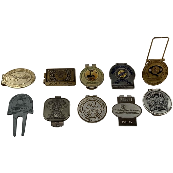 A Collection of Eleven Vintage Golf Tournament Money Clips and Accessories 1976-2002