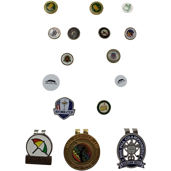 A Collection of Golf Tournament and Club Commemorative Pins and Accessories