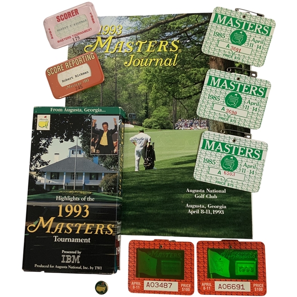 A Collection of Masters Tournament Memorabilia Featuring 1985 and 1993 Badges and Official Pins