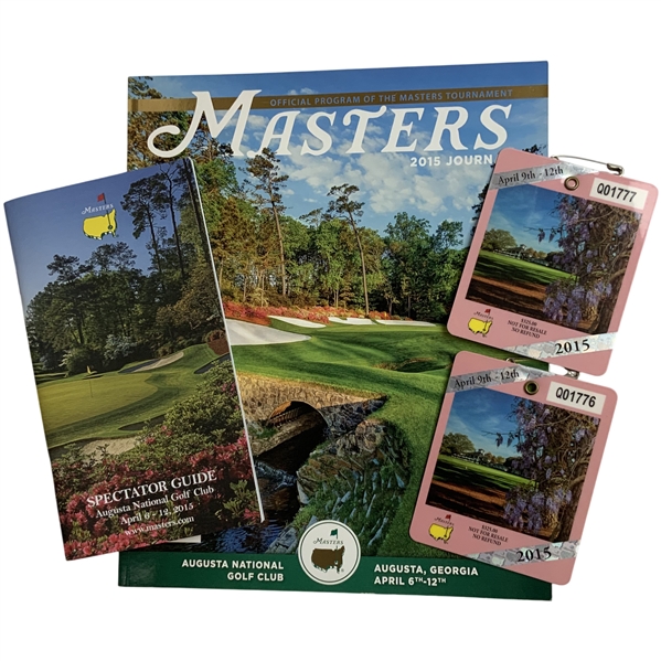 A Collection of 2015 Masters Tournament Memorabilia Including Programs and Tournament Badges