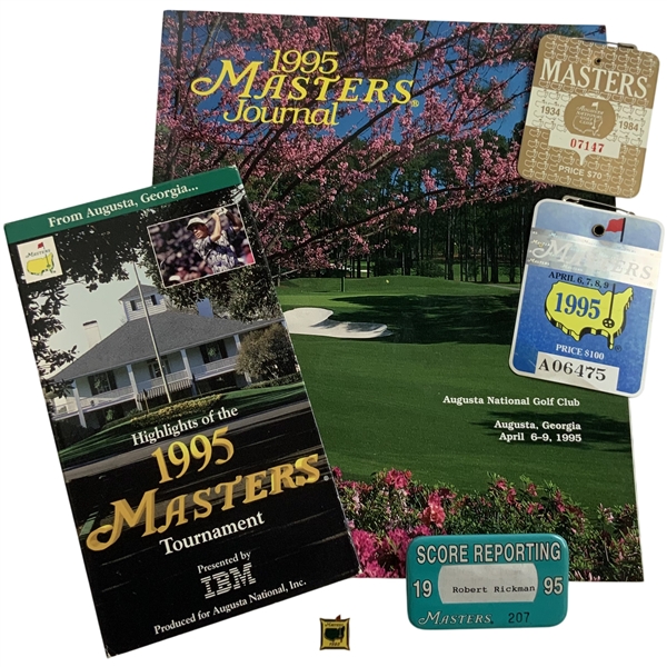 A Collection of Masters Tournament Golf Memorabilia including 1995 Tournament Badge and Journal - Tiger Debut