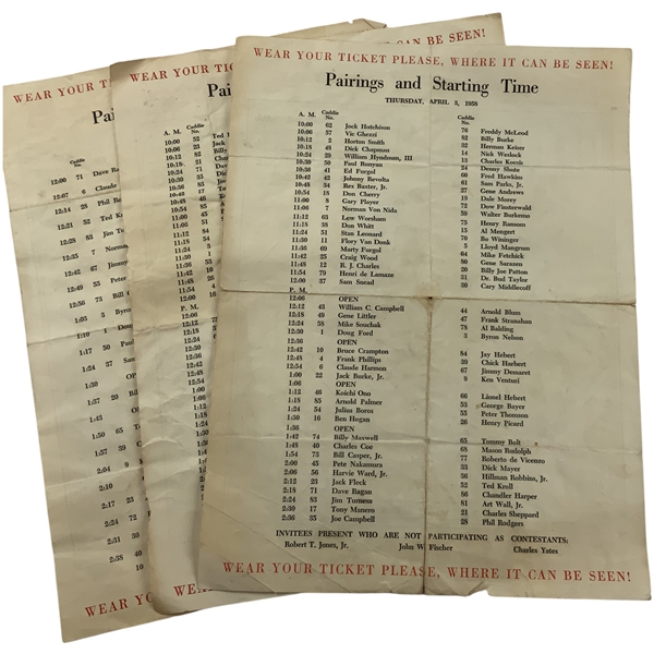 Trio of 1958 Masters Tournament Thursday Pairing Sheets