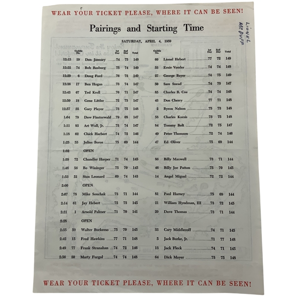 1959 Masters Tournament Pairings Sheet - Jack Nicklaus Masters Debut