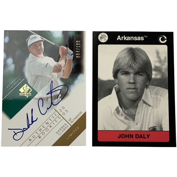 Two Golf Trading Cards Including 2003 SP Authentic Darren Clarke Signed 004/100 and 1991 Collegiate John Daly