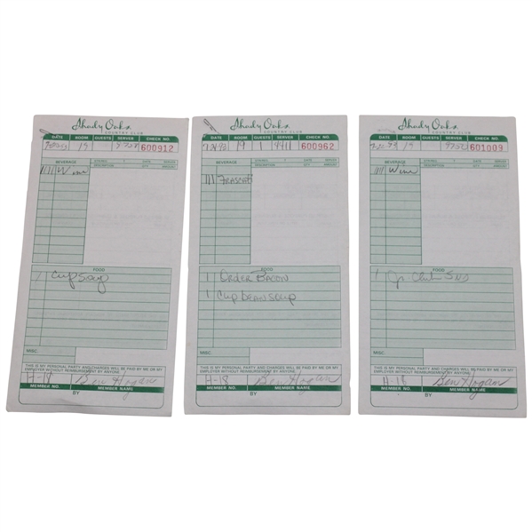 Three (3) Ben Hogan Signed Shady Oaks Country Club Receipts JSA ALOA