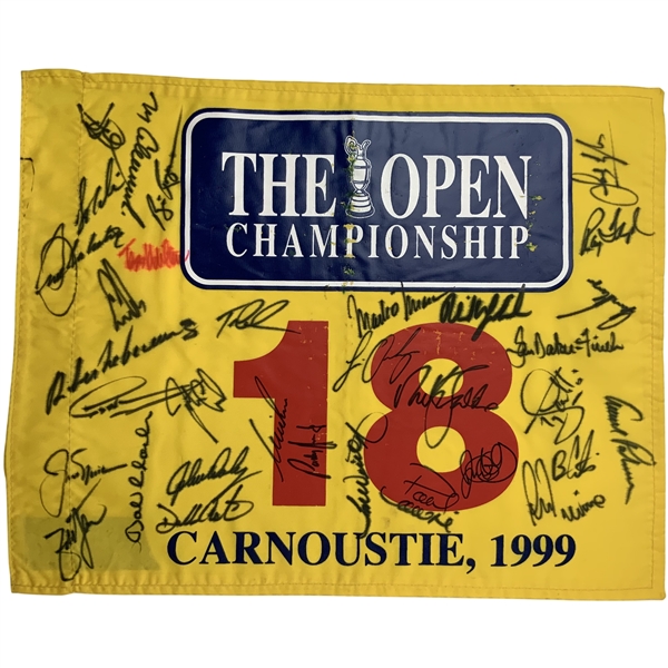 Big 3, Seve & Twenty-Eight (28) OPEN Champs Signed 1999 OPEN at Carnoustie Flag JSA ALOA