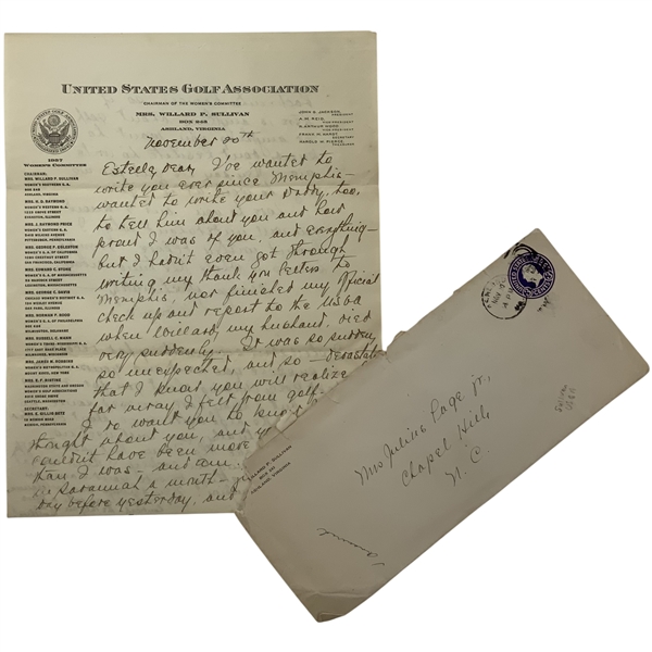 1937 USGA Chairman Signed Letter to U.S. Amateur Champion Estelle Lawson Page