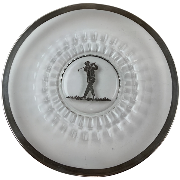 Vintage Sterling Silver Deposit and Pressed 14 1/4" D Glass Plate with Golfer Motif