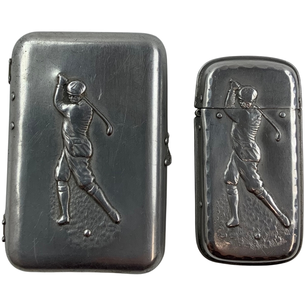 Matching Cigarette and Match Cases with Embossed Golfer on Lid