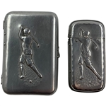 Matching Cigarette and Match Cases with Embossed Golfer on Lid