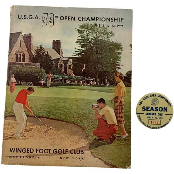 1959 US Open Championship Winged Foot Seasons Ground Badge & Program - Nicklaus Amateur