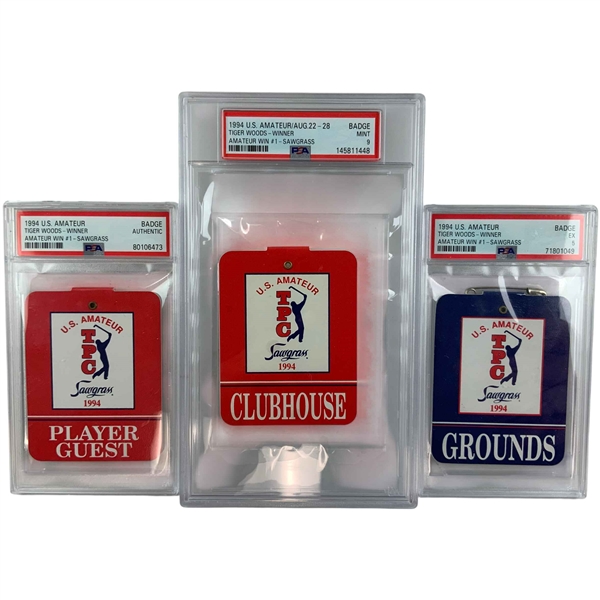 (3) PSA Graded 1994 U.S. Amateur Championship Badges for Tiger Woods First Amateur Win