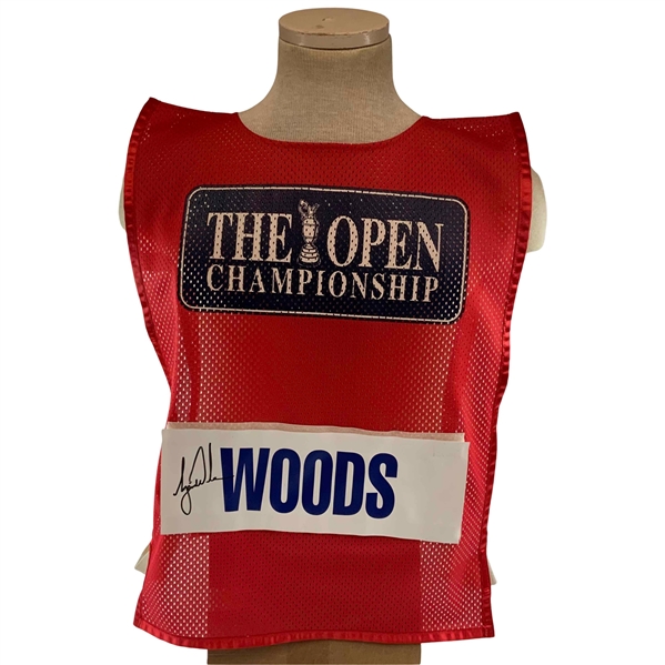 Tiger Woods Signed 1997-2002 Open Championship Red Caddie Bib on WOODS Nameplate JSA ALOA
