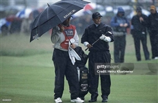 Tiger Woods Signed 1997-2002 Open Championship Red Caddie Bib on 'WOODS' Nameplate JSA ALOA