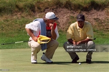 Tiger Woods Signed 1997-2002 Open Championship Red Caddie Bib on 'WOODS' Nameplate JSA ALOA