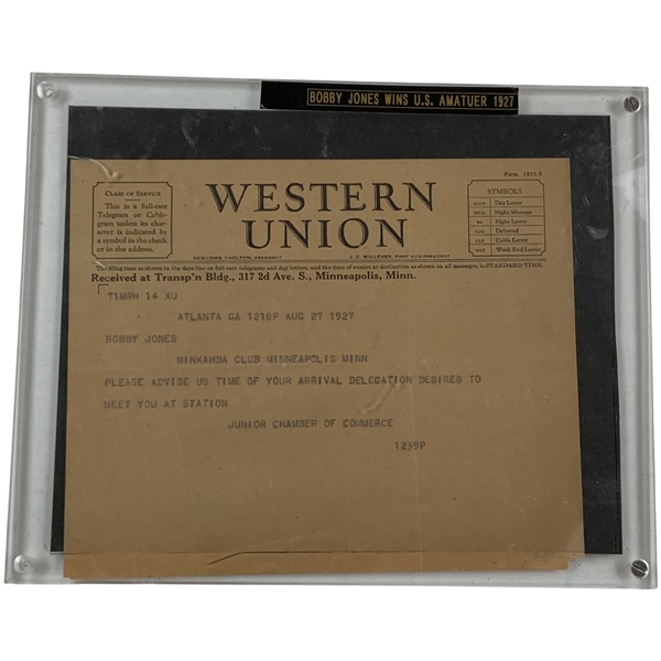 1927 Bobby Jones U.S. Amateur Championship Western Union Telegram - Minikahda