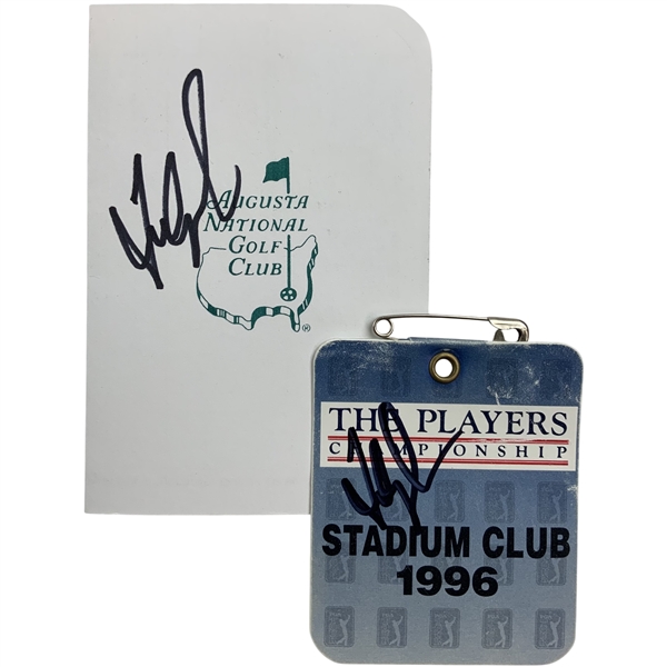 Fred Couples Signed 1996 Players Championship Stadium Club Badge And Augusta National Scorecard JSA ALOA
