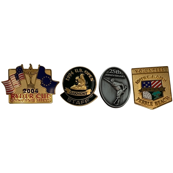 A Collection of (4) Golf Lapel Pins - Tiger Woods Ryder Cup US Open Payne Stewart