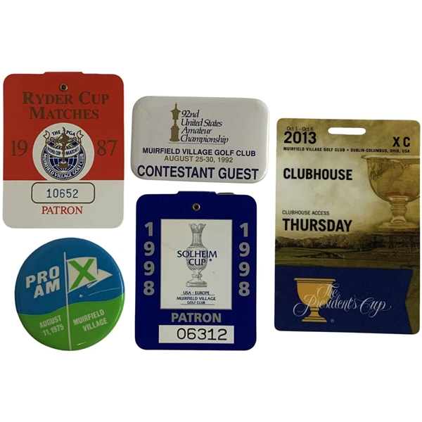 A Collection of Five Golf Tournament Badges and Pins from Muirfield Village Golf Club