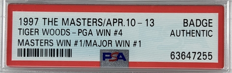 1997 Masters Tournament Series Badge Tiger Woods First Major Win PSA Authentic