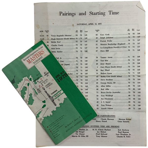 Two Original 1975 Masters Tournament Ephemera Items Including Spectator Guide and Saturday Pairings Sheet