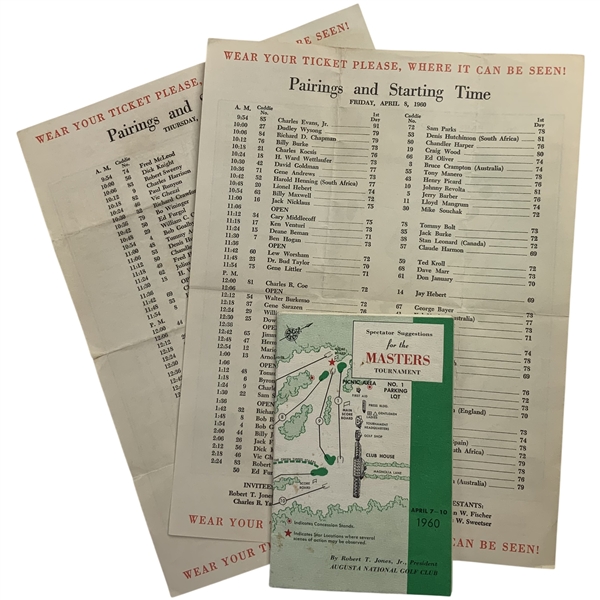 1960 Masters Spectator Guide & Pairings Sheets - Jack Nicklaus Low Am & Arnie Win