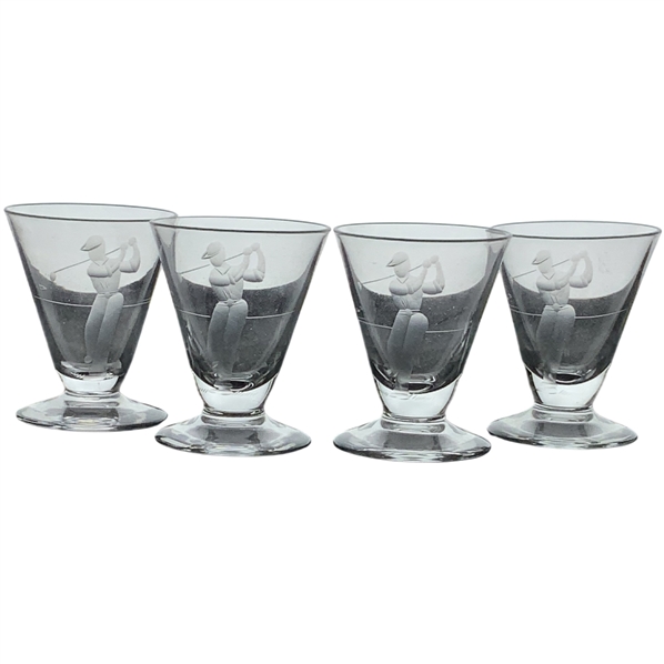Set of Four Libbey Glass The Golfer Pattern Footed Glasses