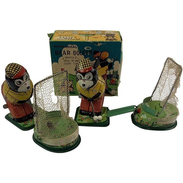 TPS Japan Tin Litho Windup Mechanical Bear Golfer Toy Set with Original Box