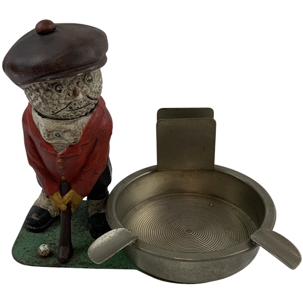 Vintage Cast Metal Golfer Ashtray and Matchbox Holder Attributed to Dunlop