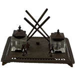 Victorian Style Cast Metal Golf-Themed Double Inkwell and Pen Stand