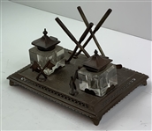 Victorian Style Cast Metal Golf-Themed Double Inkwell and Pen Stand