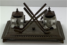 Victorian Style Cast Metal Golf-Themed Double Inkwell and Pen Stand