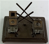 Victorian Style Cast Metal Golf-Themed Double Inkwell and Pen Stand