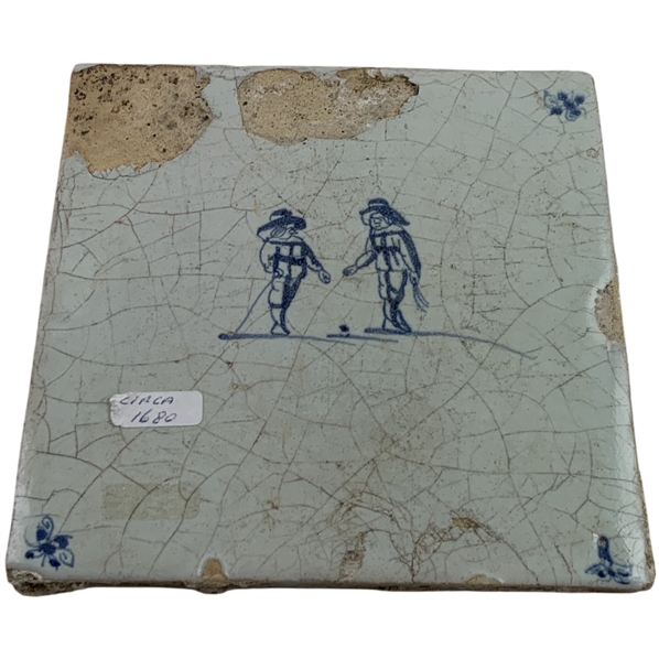 Dutch Delft Tin-Glazed Earthenware Kolf Player Tile