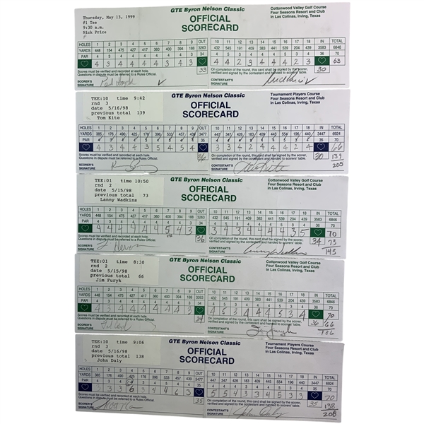 5 Official Signed 1998 GTE Byron Nelson Classic Scorecards w/Daly, Price, Kite, L Wadkins, Furyk