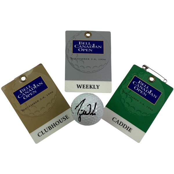 Tiger Woods Signed Titleist Golf Ball at 1996 Bell Canadian Open from Fluff to Caddy Mike Mazzeo w/ Badges - 2nd Pro Start JSA ALOA