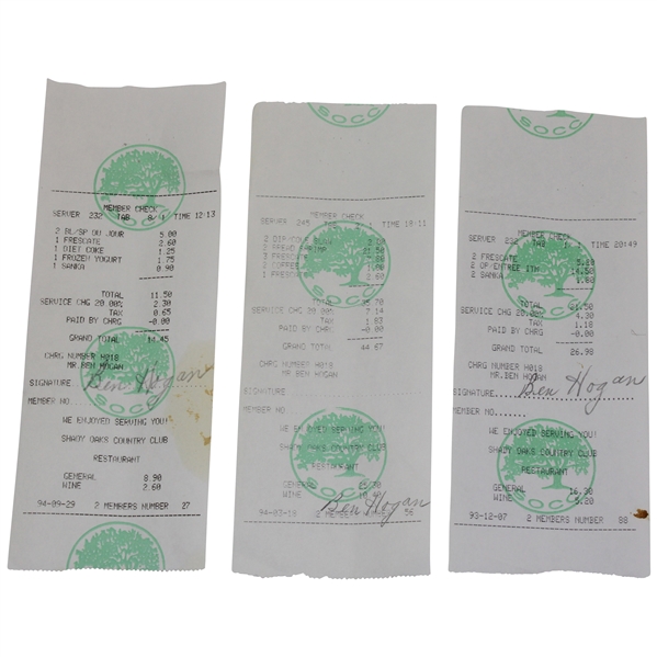 Three (3) Ben Hogan Signed Shady Oaks Country Club Receipts JSA ALOA
