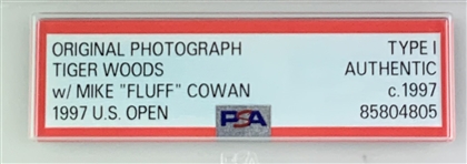Tiger Woods and Mike Fluff Cowan 1997 US Open Type I Original Photograph PSA Authentic