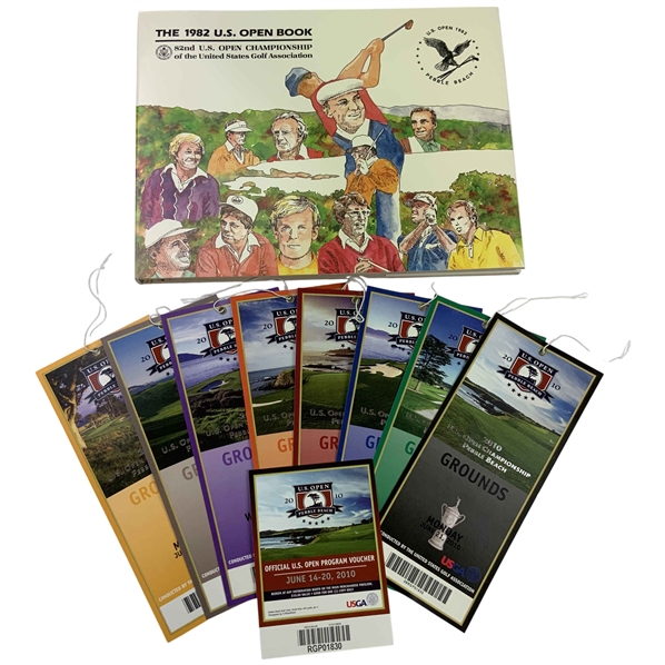 A Collection of U.S. Open Golf Memorabilia Featuring 1982 Commemorative Book and 2010 Full Ticket Set