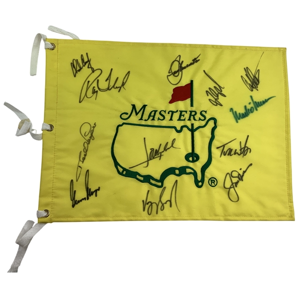 Seve Ballesteros, Jack Nicklaus, Tom Watson Highlight 12 Champ Signers  On Undated Masters Flag JSA ALOA